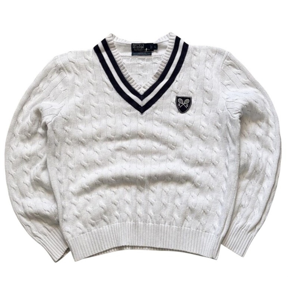 Polo Ralph Lauren Cricket Cable Knit Sweater White Navy Tennis Preppy Academia L